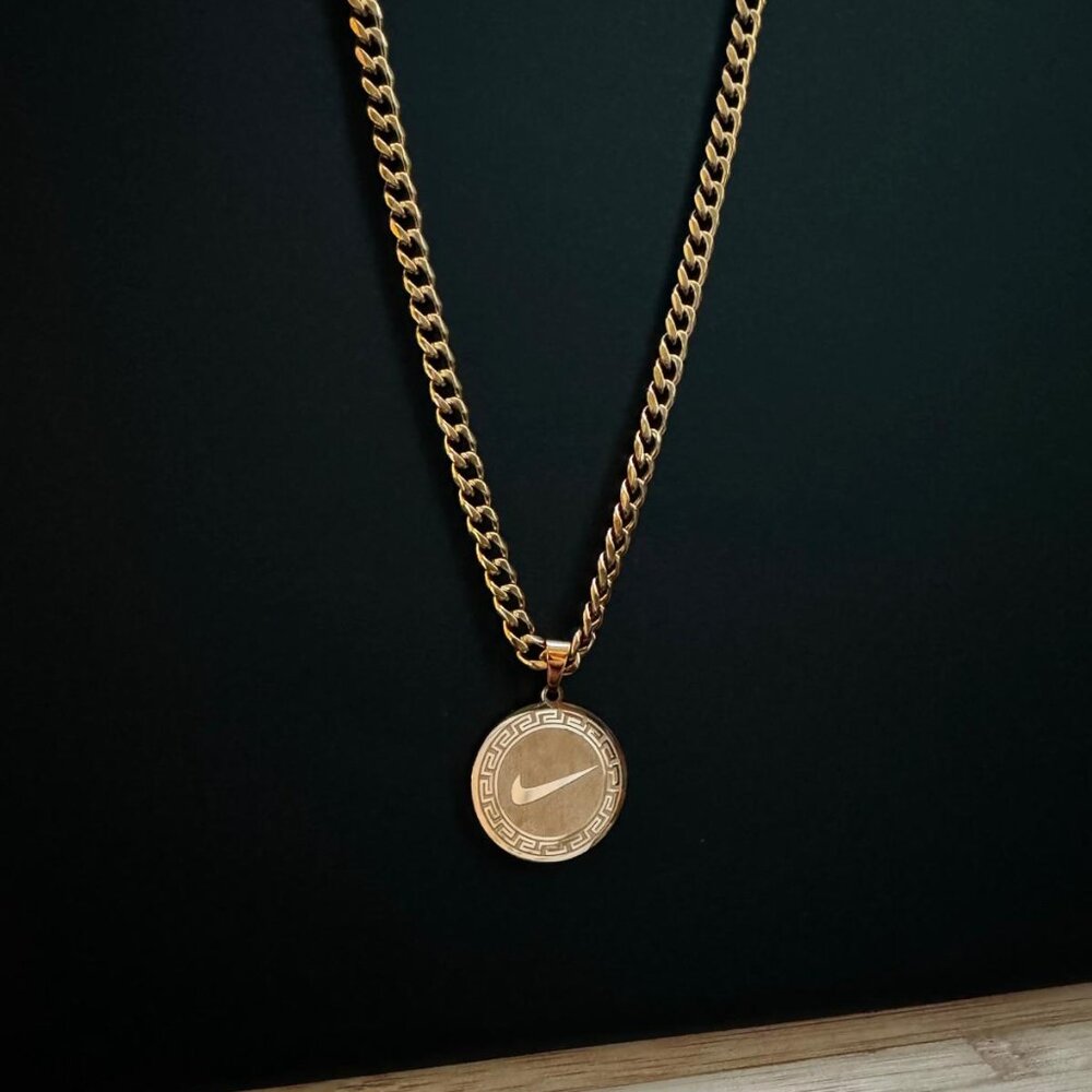 Nike Circle Pattern Pendant Necklace - 5mm Cuban - 22" Gold Chain - Gift for Him